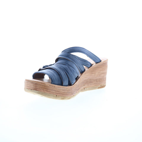 A.S. 98 Nicolls Womens Blue Leather Slip On Wedges Sandals Shoes