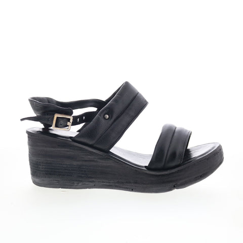 A.S. 98 Norward Womens Black Leather Hook & Loop Wedges Sandals Shoes
