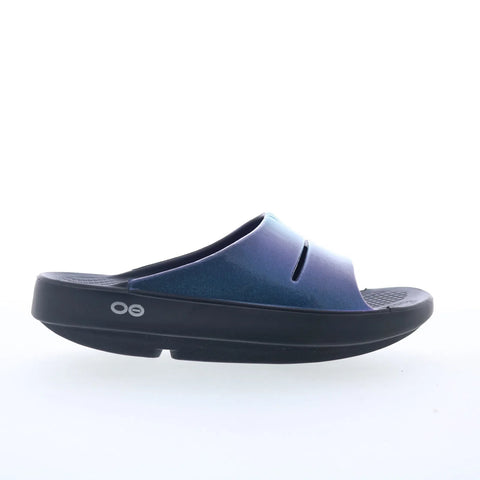Oofos Ooahh Luxe 1101 Womens Blue Synthetic Slip On Slides Sandals Shoes