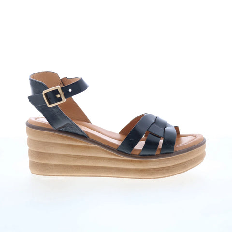 Miz Mooz Ozzie Womens Black Leather Hook & Loop Wedges Sandals Shoes