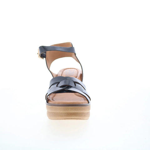 Miz Mooz Ozzie Womens Black Leather Hook & Loop Wedges Sandals Shoes