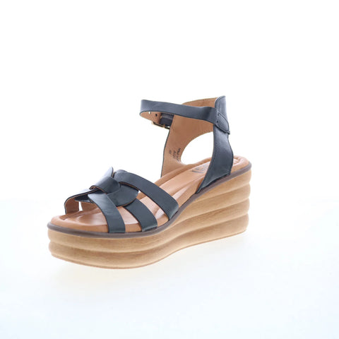 Miz Mooz Ozzie Womens Black Leather Hook & Loop Wedges Sandals Shoes
