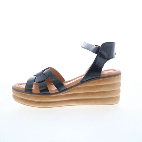 Miz Mooz Ozzie Womens Black Leather Hook & Loop Wedges Sandals Shoes