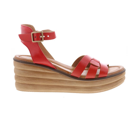 Miz Mooz Ozzie Womens Red Leather Hook & Loop Wedges Sandals Shoes