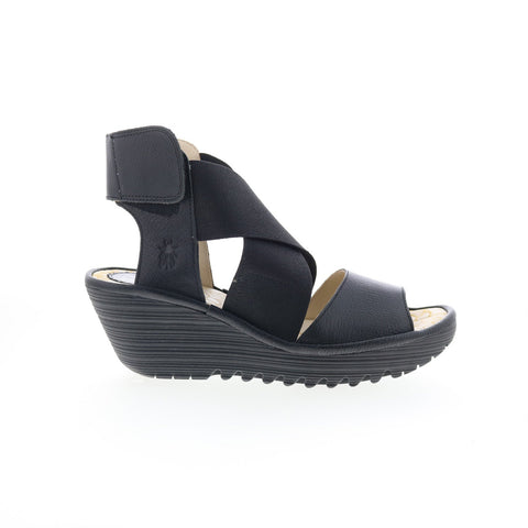 Fly London Yuba P501385000 Womens Black Leather Wedges Sandals Shoes