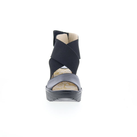Fly London Yuba P501385000 Womens Black Leather Wedges Sandals Shoes