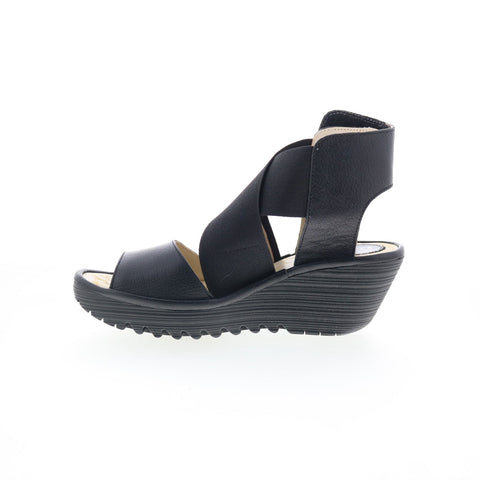 Fly London Yuba P501385000 Womens Black Leather Wedges Sandals Shoes