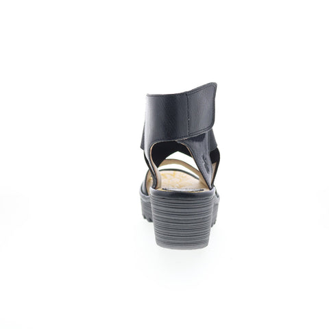 Fly London Yuba P501385000 Womens Black Leather Wedges Sandals Shoes