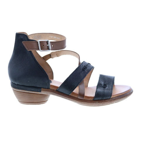 Miz Mooz Caine P63002 Womens Black Leather Hook & Loop Heeled Sandals Shoes