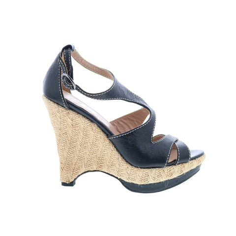RD Company W-RD13 Womens Black Leather Hook & Loop Wedges Heels Shoes