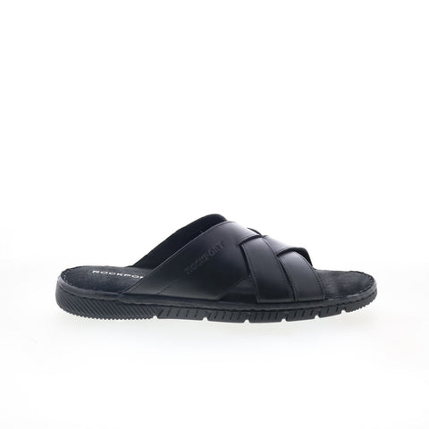 Rockport Jaya Mens Black Leather Slip On Slides Sandals Shoes
