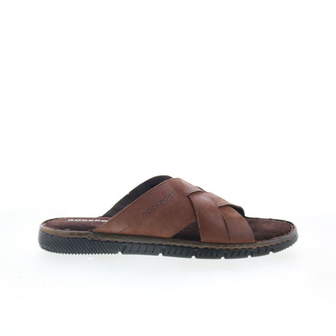 Rockport Jaya RMJAYA Mens Brown Leather Slip On Slides Sandals Shoes