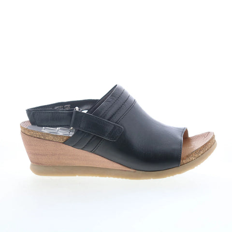 Miz Mooz Sabina Womens Black Leather Strap Wedges Sandals Shoes