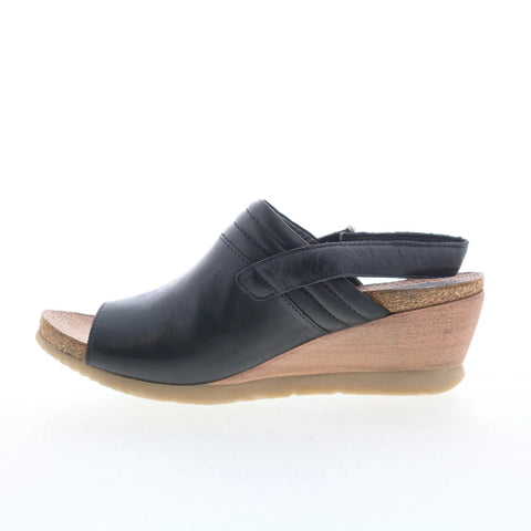 Miz Mooz Sabina Womens Black Leather Strap Wedges Sandals Shoes