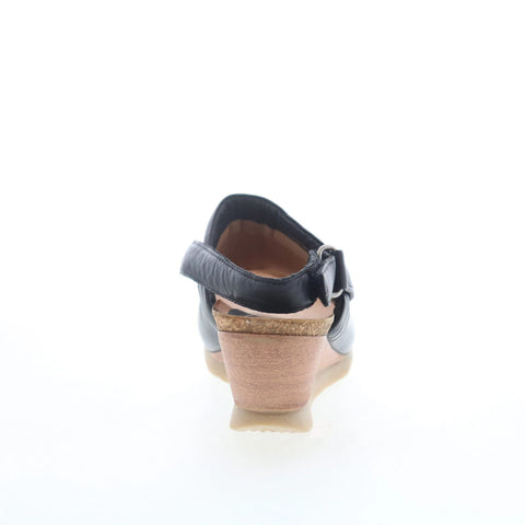 Miz Mooz Sabina Womens Black Leather Strap Wedges Sandals Shoes
