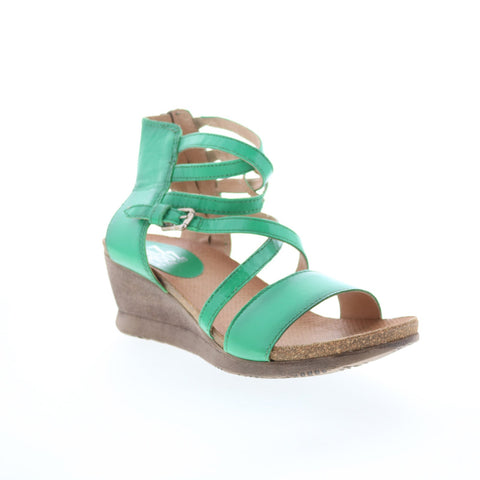 Miz Mooz Shay Womens Green Leather Hook & Loop Wedges Sandals Shoes