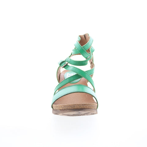 Miz Mooz Shay Womens Green Leather Hook & Loop Wedges Sandals Shoes