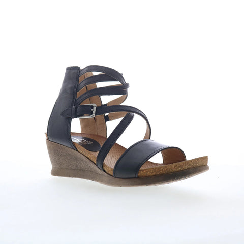 Miz Mooz Shay Womens Black Leather Zipper Wedges Sandals Shoes