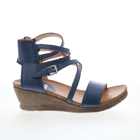 Miz Mooz Shay Womens Blue Leather Zipper Wedges Sandals Shoes