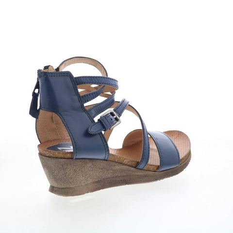 Miz Mooz Shay Womens Blue Leather Zipper Wedges Sandals Shoes