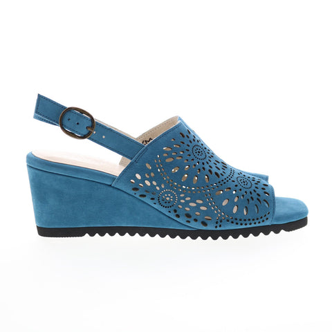 David Tate Smashing Womens Blue Nubuck Hook & Loop Wedges Heels Shoes