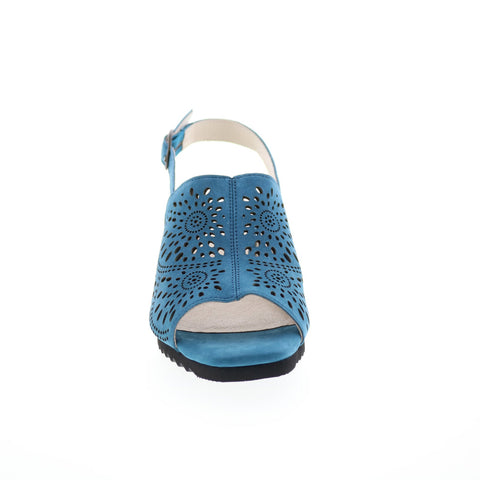 David Tate Smashing Womens Blue Nubuck Hook & Loop Wedges Heels Shoes