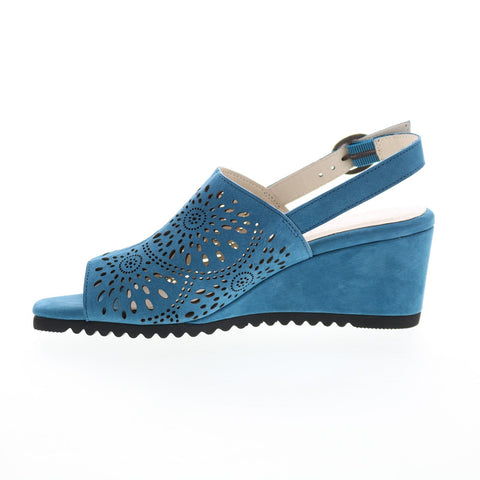 David Tate Smashing Womens Blue Nubuck Hook & Loop Wedges Heels Shoes