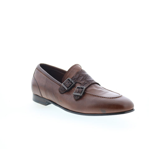 Zelli Italia Calf & Crocodile Double Buckle Mens Brown Loafers Casual Shoes