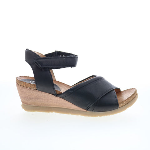 Miz Mooz Sofie Womens Black Leather Strap Wedges Sandals Shoes