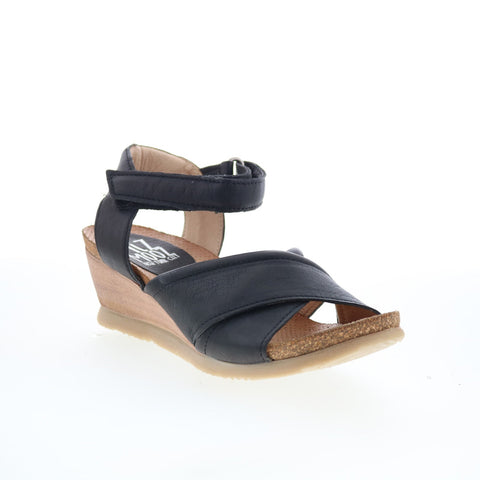 Miz Mooz Sofie Womens Black Leather Strap Wedges Sandals Shoes
