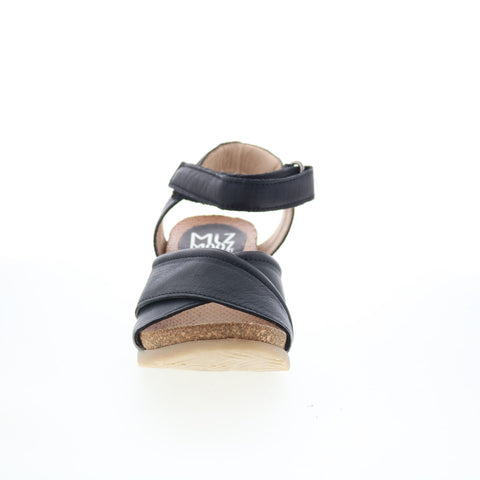 Miz Mooz Sofie Womens Black Leather Strap Wedges Sandals Shoes