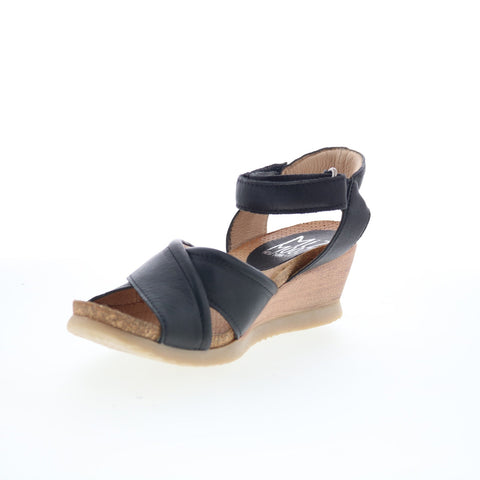 Miz Mooz Sofie Womens Black Leather Strap Wedges Sandals Shoes
