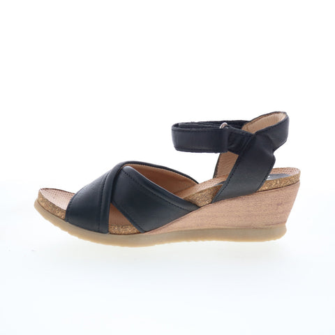 Miz Mooz Sofie Womens Black Leather Strap Wedges Sandals Shoes