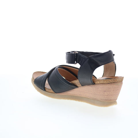 Miz Mooz Sofie Womens Black Leather Strap Wedges Sandals Shoes