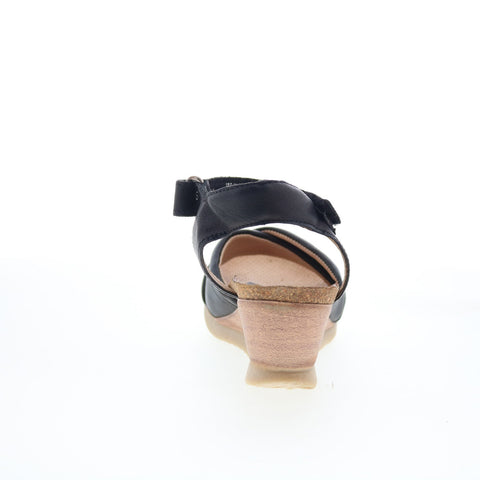Miz Mooz Sofie Womens Black Leather Strap Wedges Sandals Shoes