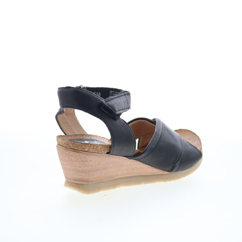 Miz Mooz Sofie Womens Black Leather Strap Wedges Sandals Shoes