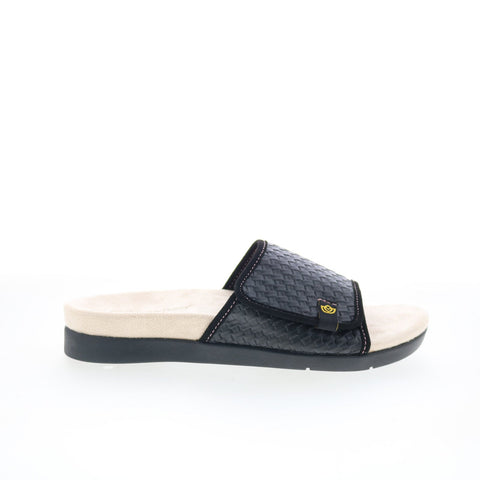 Spenco Charlotte SP1023BLK Womens Black Leather Slides Sandals Shoes