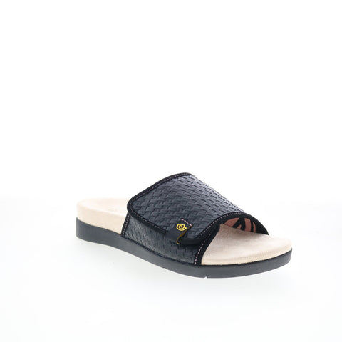Spenco Charlotte SP1023BLK Womens Black Leather Slides Sandals Shoes