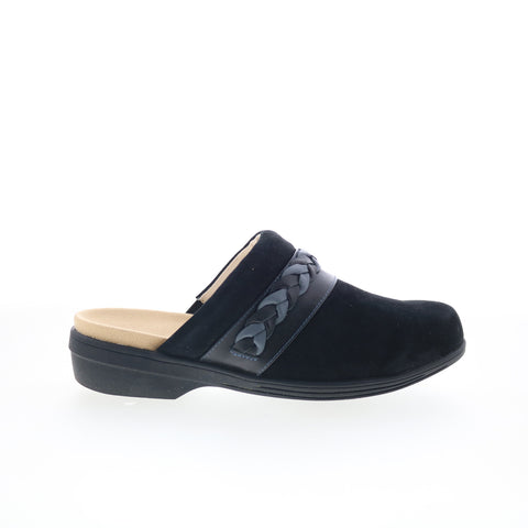 Spenco Topanga Clog SP1097BLK Womens Black Wide Suede Clog Flats Shoes
