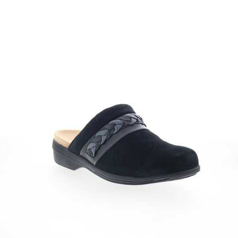 Spenco Topanga Clog SP1097BLK Womens Black Wide Suede Clog Flats Shoes