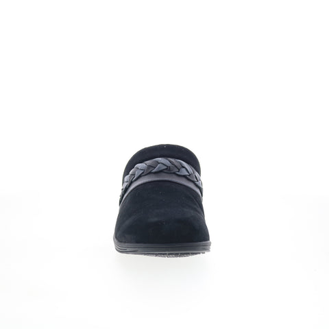 Spenco Topanga Clog SP1097BLK Womens Black Wide Suede Clog Flats Shoes