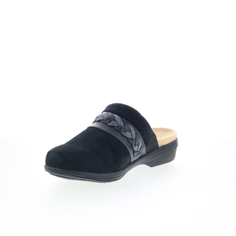 Spenco Topanga Clog SP1097BLK Womens Black Wide Suede Clog Flats Shoes