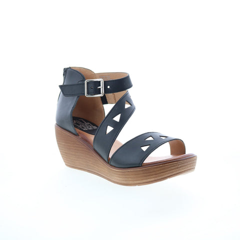 Miz Mooz Spicy Womens Black Leather Hook & Loop Wedges Sandals Shoes