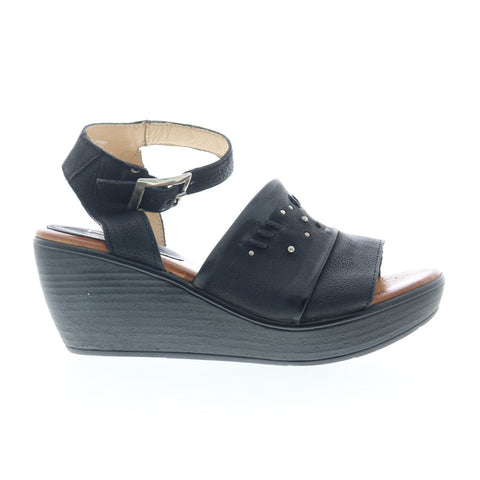 Miz Mooz Striking Womens Black Leather Hook & Loop Wedges Sandals Shoes