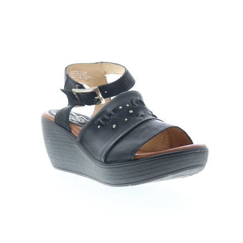 Miz Mooz Striking Womens Black Leather Hook & Loop Wedges Sandals Shoes