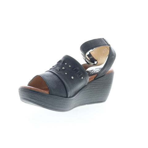 Miz Mooz Striking Womens Black Leather Hook & Loop Wedges Sandals Shoes