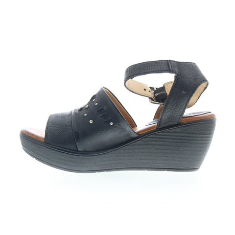 Miz Mooz Striking Womens Black Leather Hook & Loop Wedges Sandals Shoes