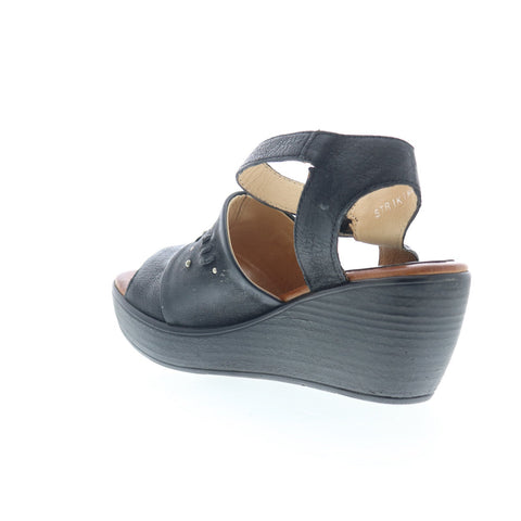 Miz Mooz Striking Womens Black Leather Hook & Loop Wedges Sandals Shoes