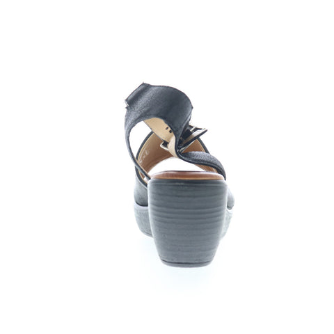 Miz Mooz Striking Womens Black Leather Hook & Loop Wedges Sandals Shoes