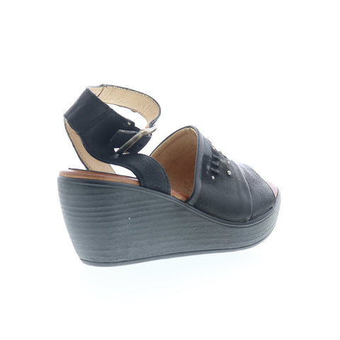 Miz Mooz Striking Womens Black Leather Hook & Loop Wedges Sandals Shoes